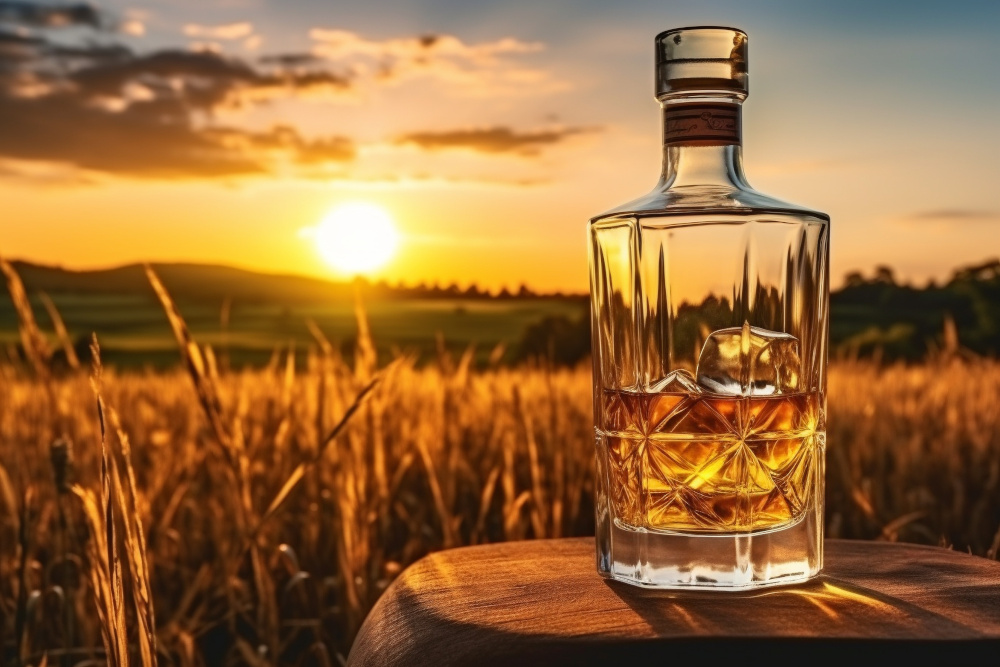 Barley field at sunset. In the foreground is a bottle of cognac or whiskey and a glass